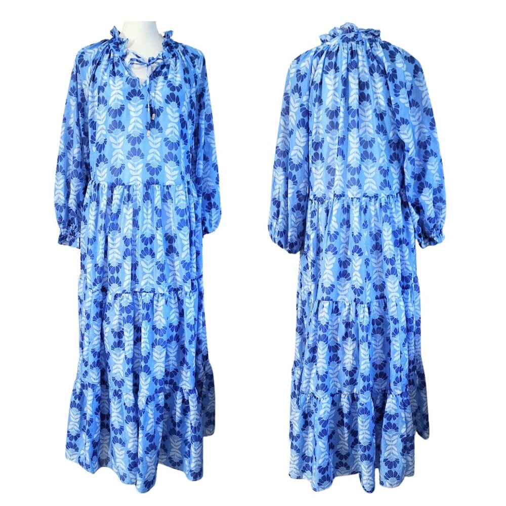 J. MARIE Luna Long Sleeve Blue & White Floral Boho Maxi Dress - Women's S